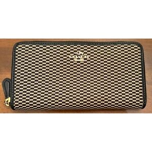 Coach Accordion Zip Wallet Black Cream Geometric Woven Canvas Gold Hardware